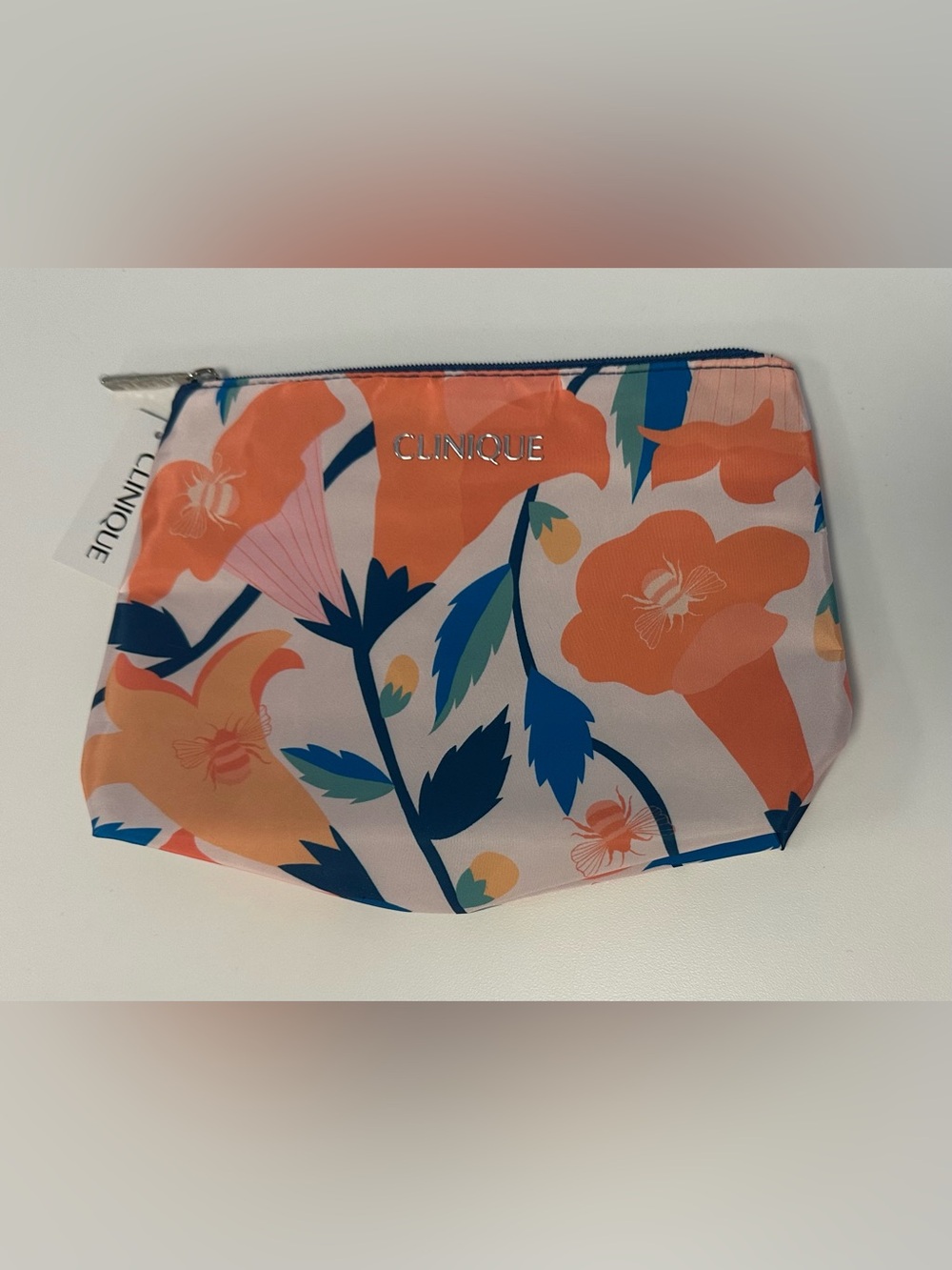 Brand New Clinique Full Bloom Zip Cosmetic Pouch in Peach, Blue & Green